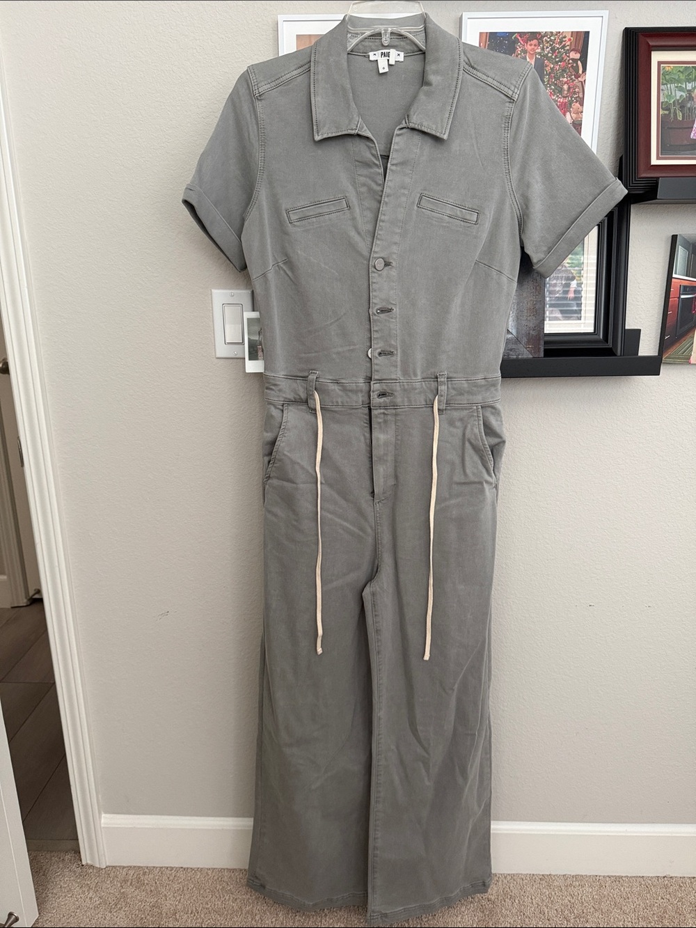 PAIGE Gray Short-Sleeve Button-Front Jumpsuit with Drawstring